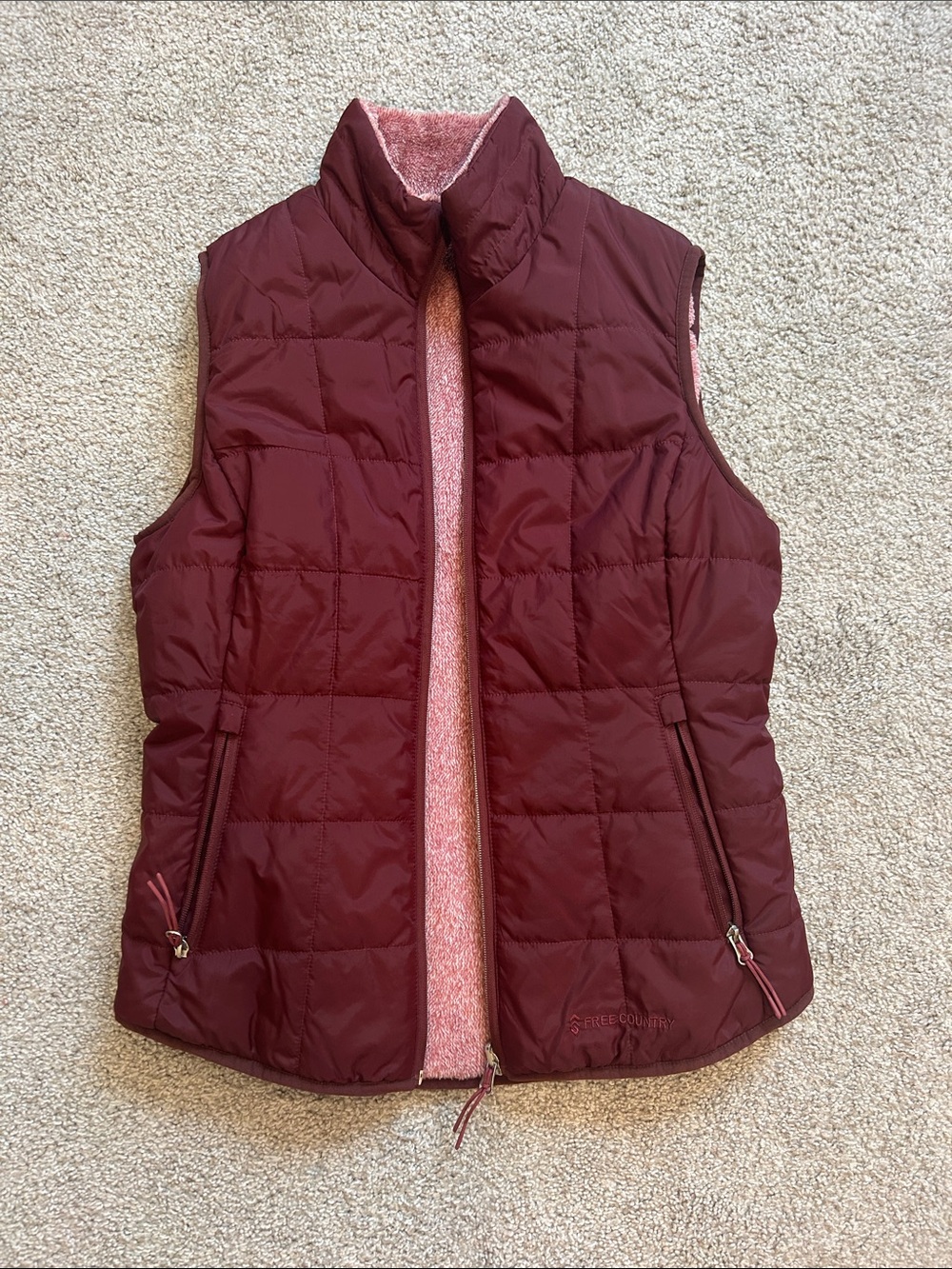 Free Country Quilted Burgundy Vest with Pink Lining